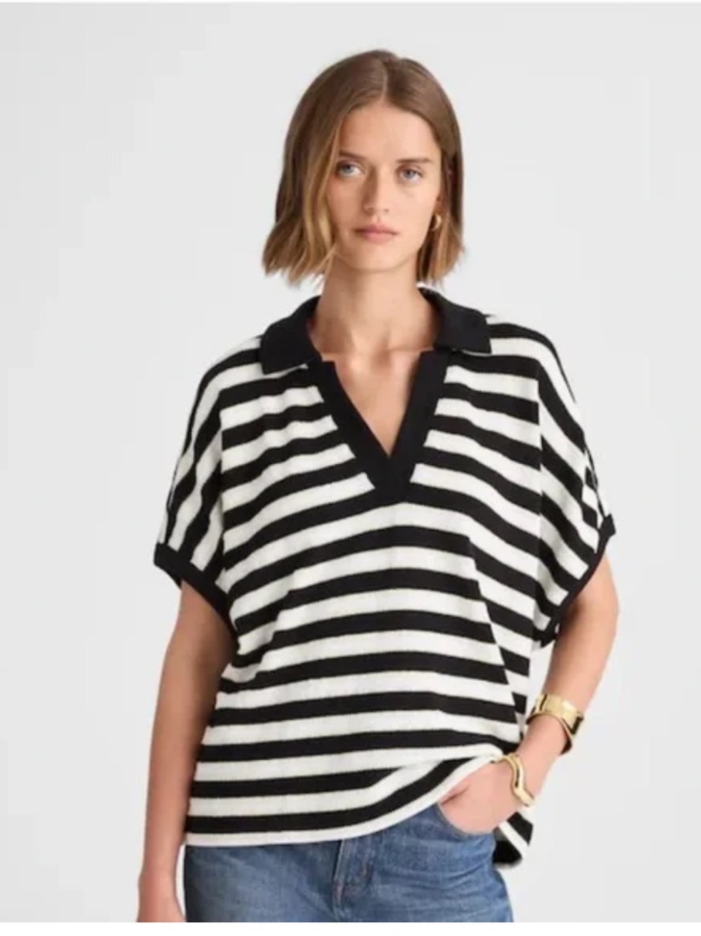 Madewell Black and White Striped Short-Sleeve Polo Sweater